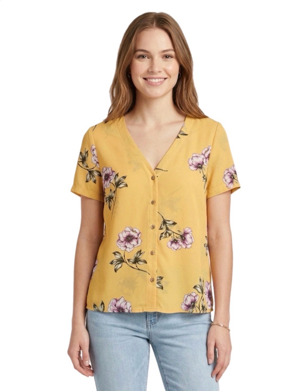 S Pink Rose Small Women’s Yellow Floral Button Down Short Sleeve Shirt Casual